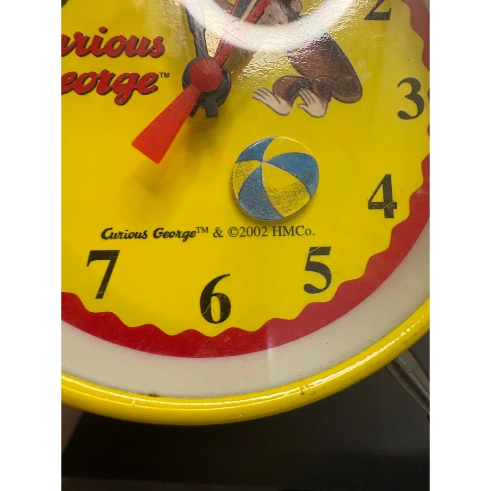 Vintage Curious George Twin Bell Alarm Clock Yellow Red 2002 HMCo Retro Decor